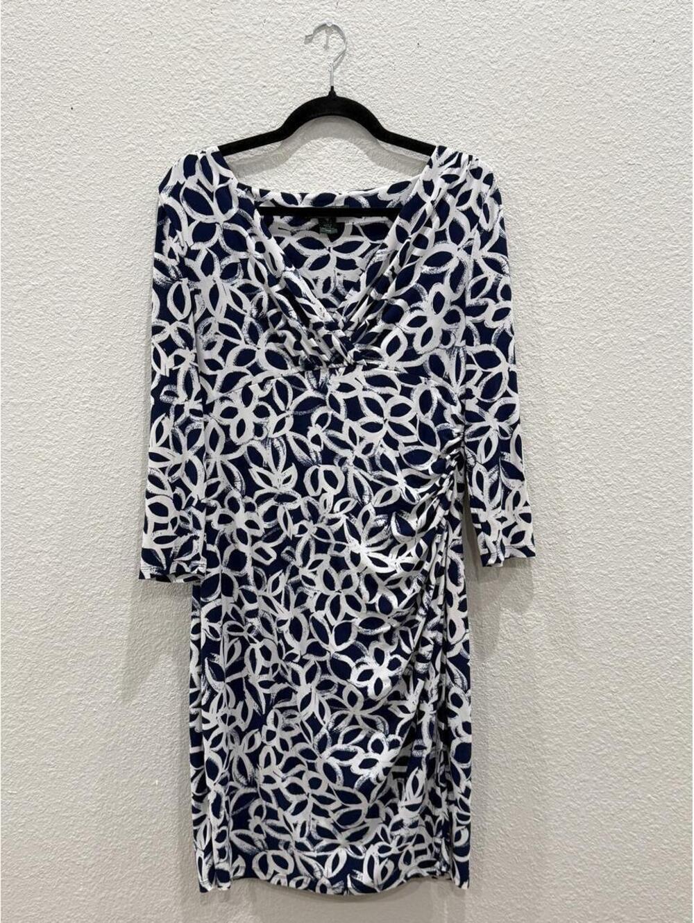 Lauren Ralph Lauren Navy Blue White Faux-Wrap Sheath Dress Size 12